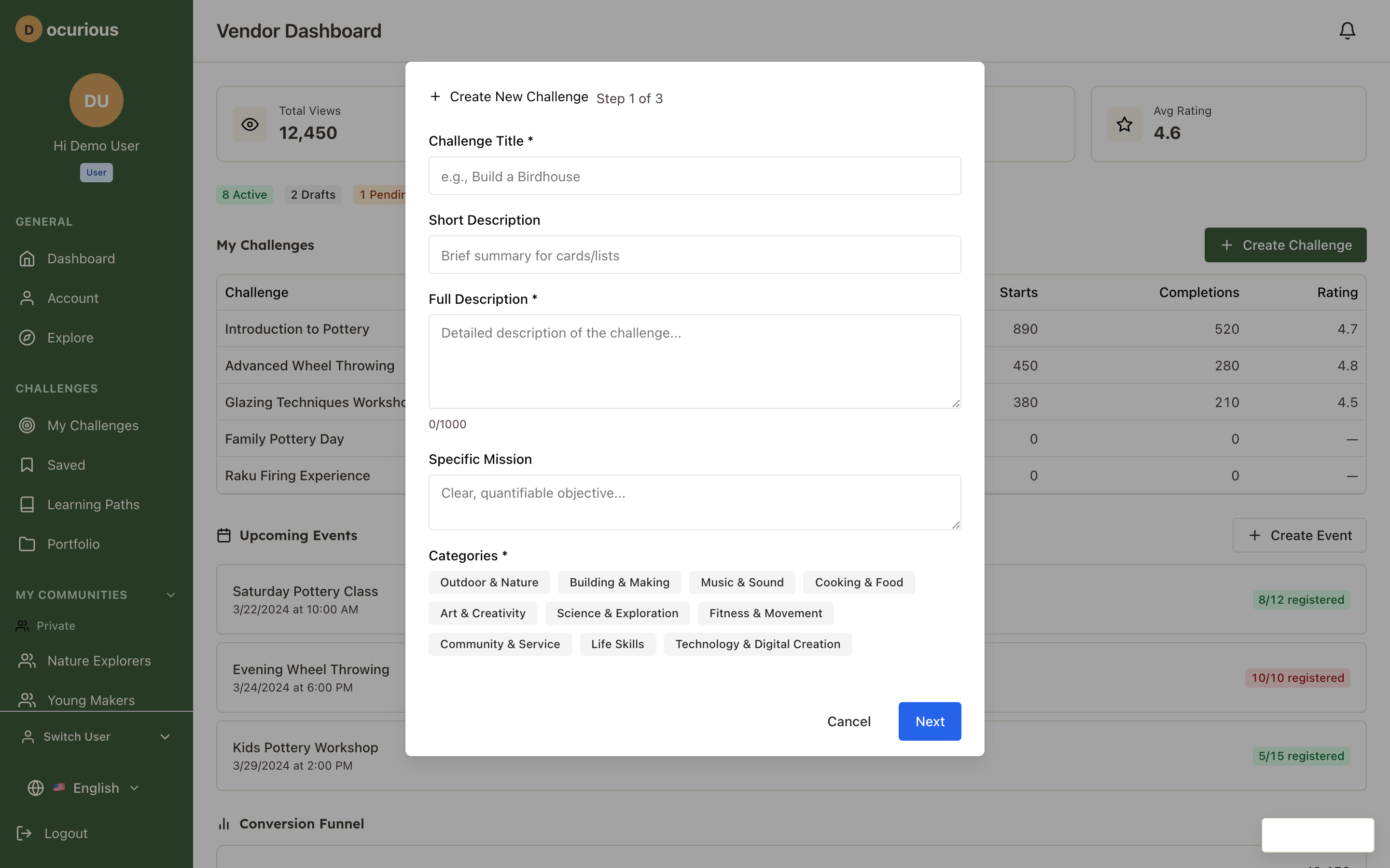 Create Challenge modal